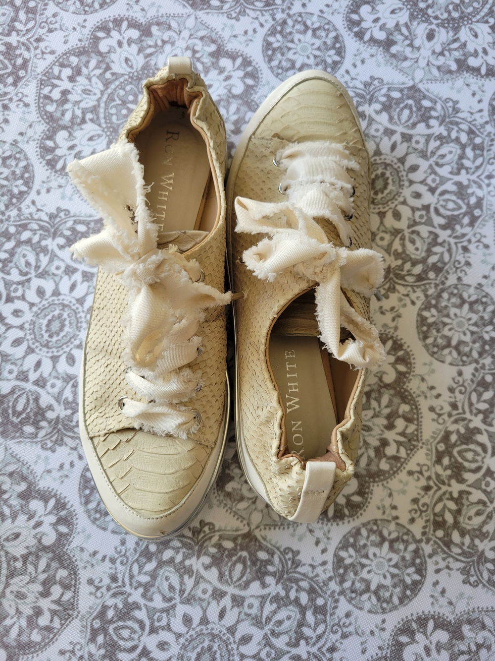 Ron White Cream Woven Low-Top Sneakers with Frayed Ribbon Laces